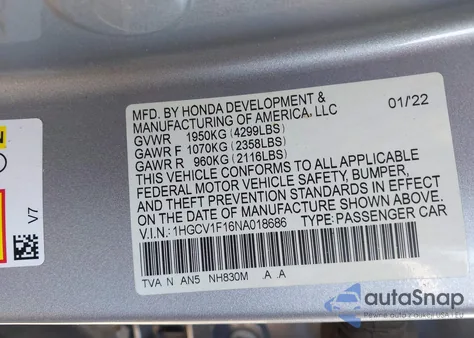 2022 Honda Accord Lx z USA, uszkodzony, nr VIN 1HGCV1F16NA018686